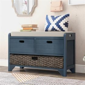 Storage Bench with Removable Basket and 2 Drawers, Fully Assembled Shoe Bench with Removable Cushion (Navy) Storage Bench with Removable Basket and 2 Drawers, Fully Assembled Shoe Bench with Removable Cushion (Navy)